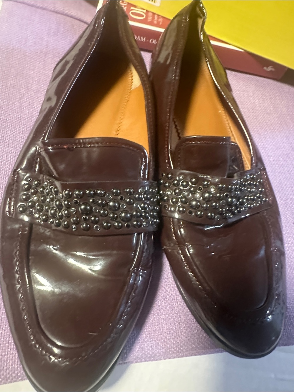 Franco Sarto Brown Patent Loafers with Studded Strap